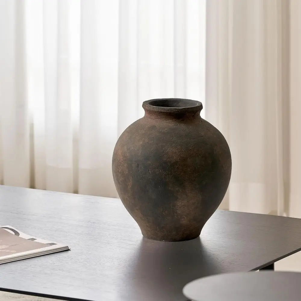 Elegant Brown 11.8 Zen Ceramic Vase for Home Decor with Distressed Farmhouse Style