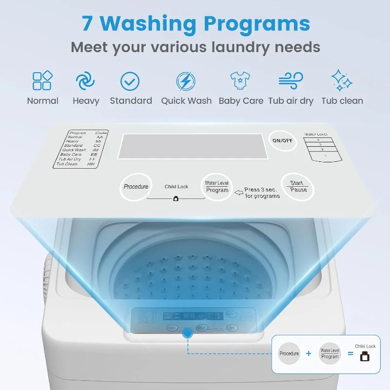 VCJ Portable Washing Machine, 18lbs Fully Automatic Washer with Stainless Steel Tub, 7 Wash Programs, 380W Powerful Motor