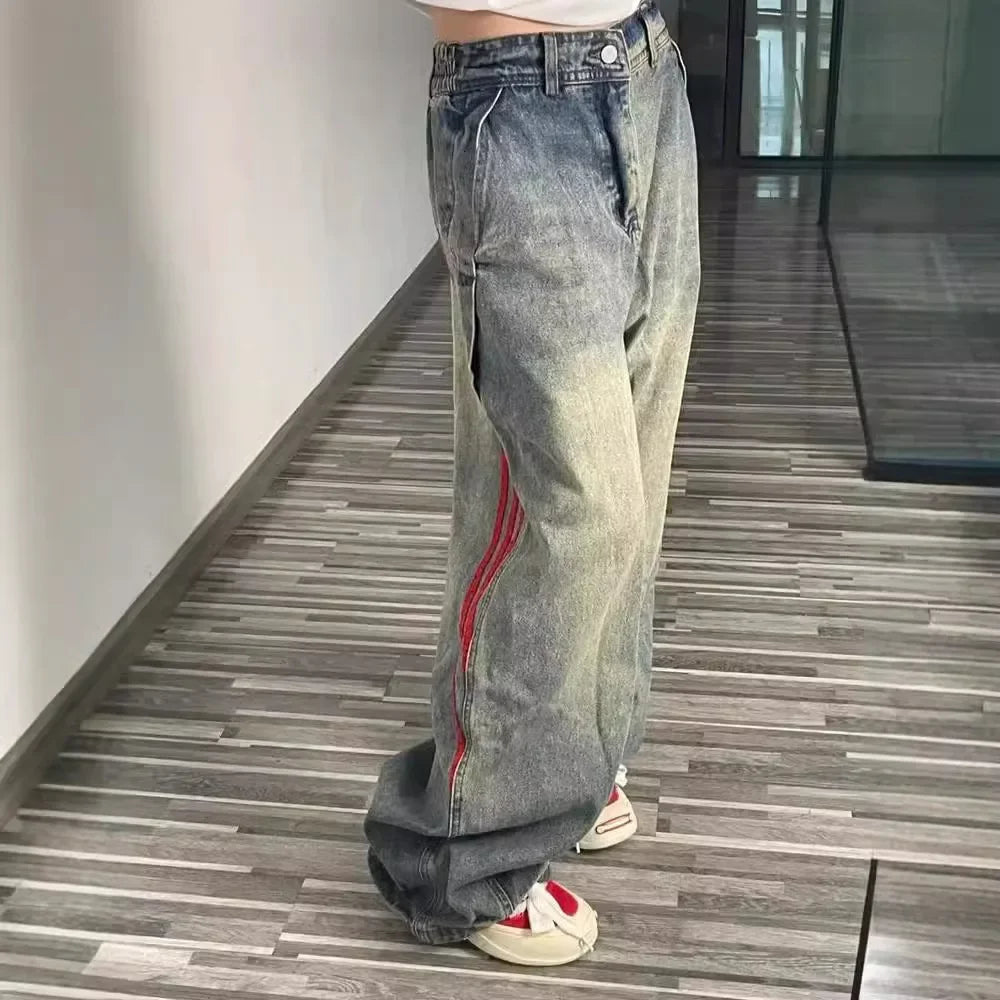 Vintage American Style High-Waisted Striped Color Blocking Jeans New Couple Model Loose Fit Bell Bottoms Fashion Sensibility Des