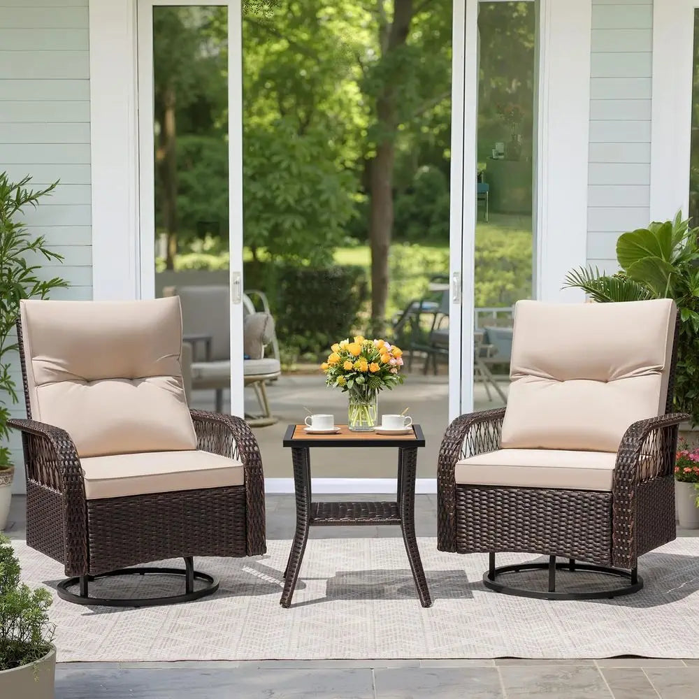 Luxury Brown/Beige Wicker 3-Piece Outdoor Swivel Rocker Set with Side Table and Cushions