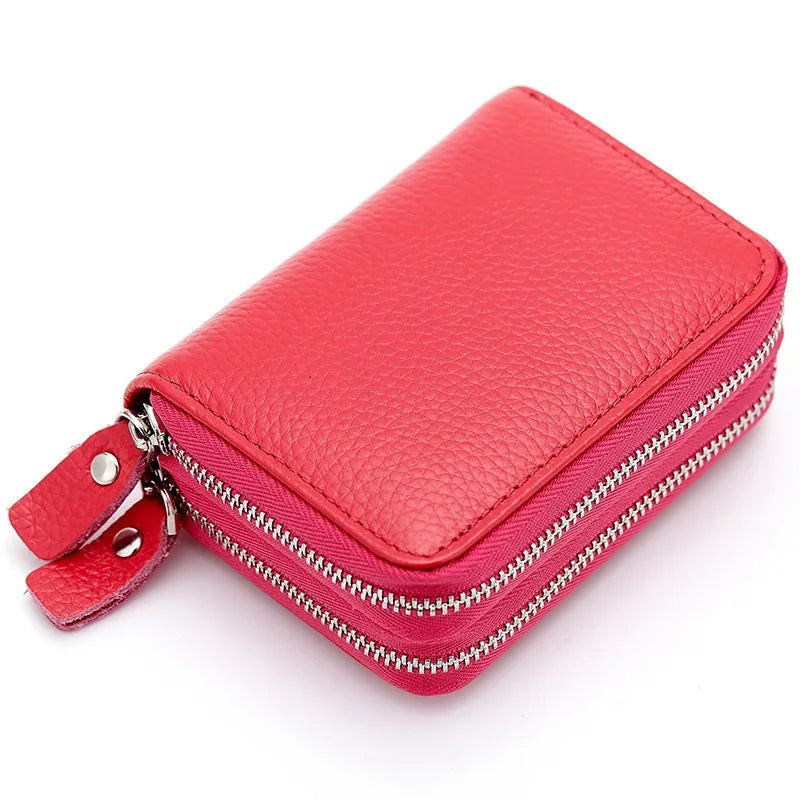 Genuine Leather Men & Women Mini Short Wallet Cow Leather Coin Purse Solid Card Holder Accordion Card Slots Double Zipper Pocket