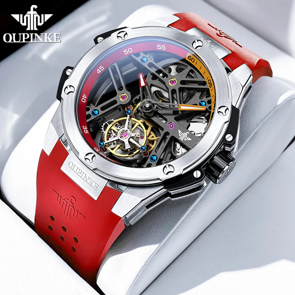 OUPINKE Tourbillon Movement Top Brand Men's Watches Waterproof Silicon Tape Automatic Mechanical Watch Hollow Out Original Watch