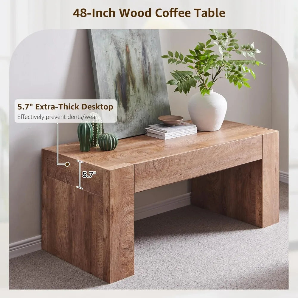 48 Modern Farmhouse Coffee Table, Wooden Living Room Table with Hidden Storage Drawer, Rustic Rectangular Center Tables w/Wo