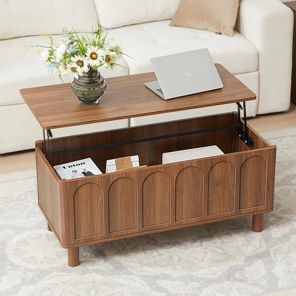 Lift Top Coffee Table with Arched Finish, Modern Coffee Table with Lifting Tabletop & Hidden Storage, Wood Center Tab，Customized