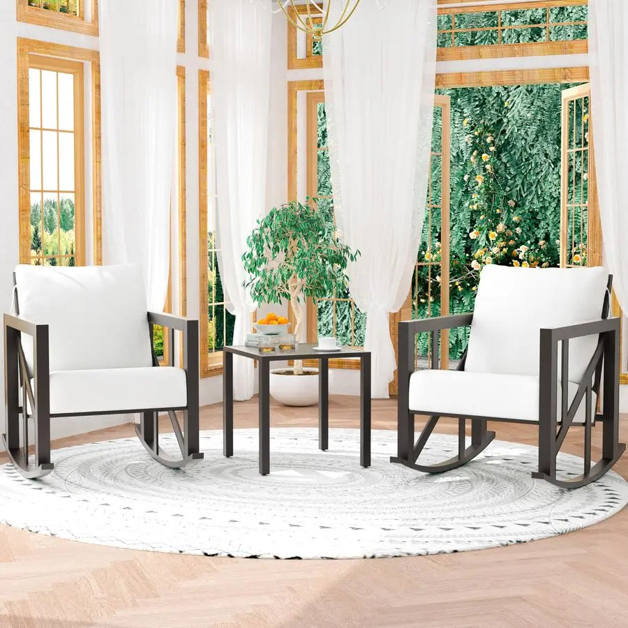 3 Pieces Rocking Bistro Set, Metal Outdoor Patio Furniture Set with 2 Rockers and 1 Table, Patio Conversation Set with Thick Cu
