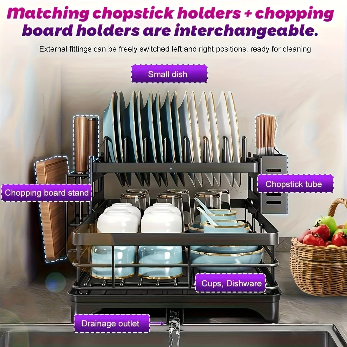 Double-tier extendable dish drainer, suitable for kitchen worktops as a large-capacity utensil rack and draining board.