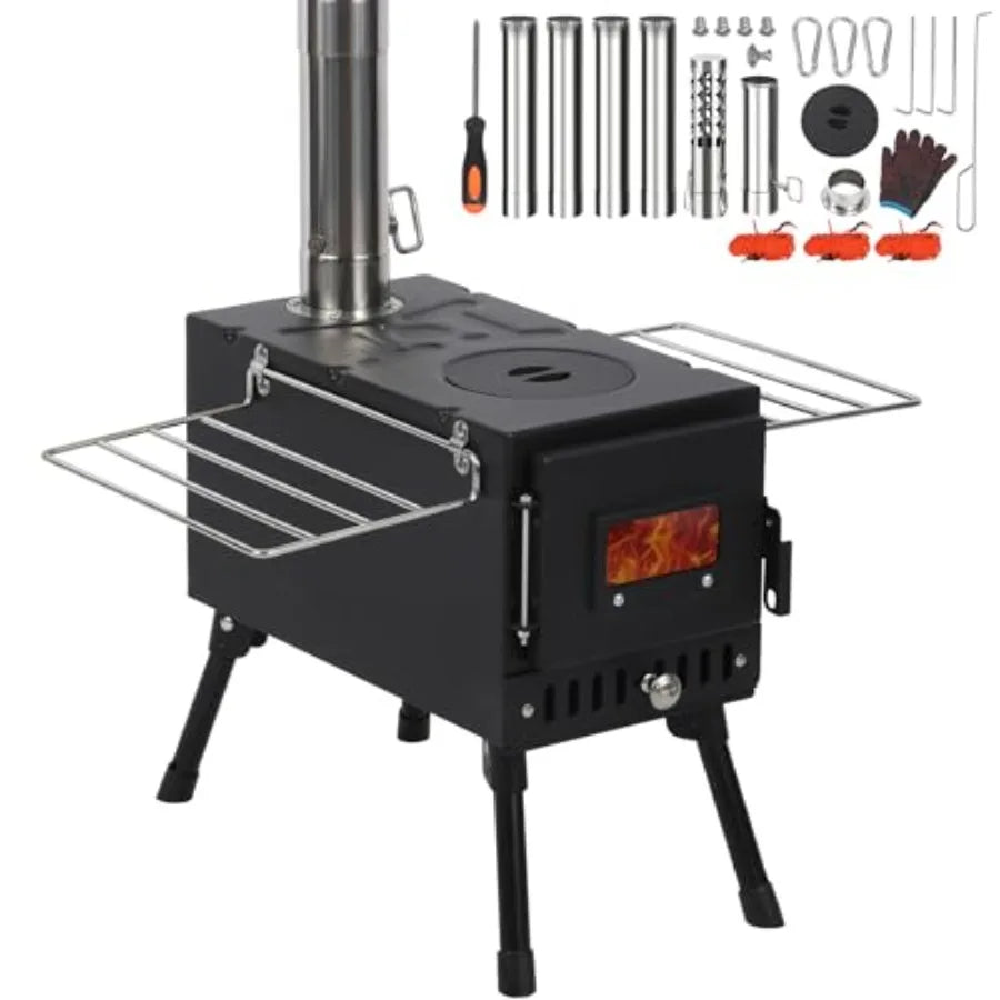 Portable Hot Tent Stove for Camping and Ice Fishing: Durable Alloy Steel Wood Burning Stove with Stainless Steel Sectional Chim