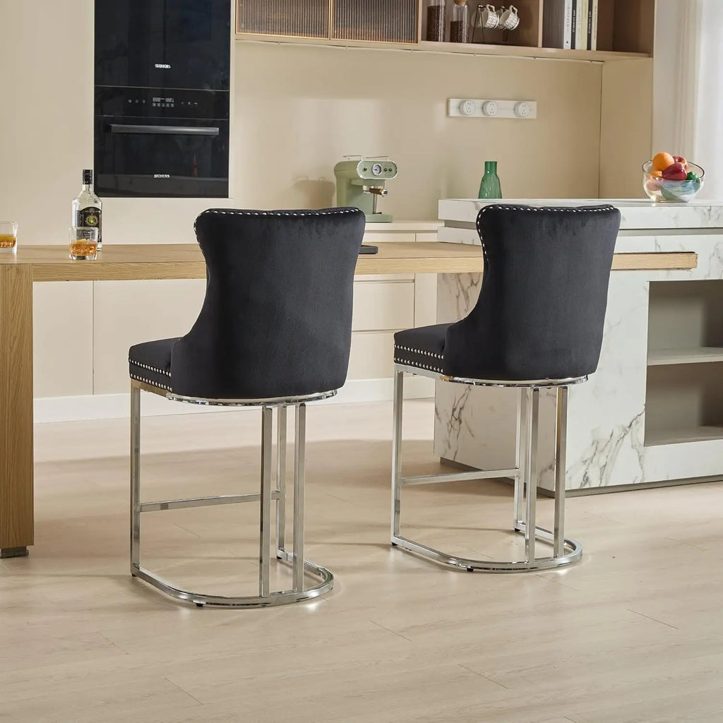 26” Velvet Upholstered Bar Stools Set of 4, Counter Height Bar Chairs with Button Back, Nailhead Rivet Trim, Chrome, Customized