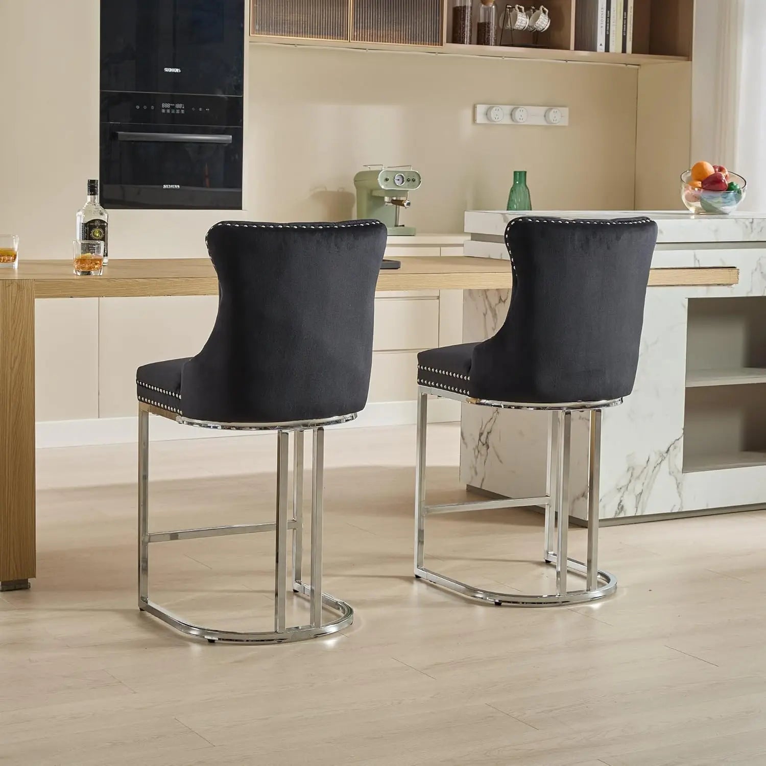 26” Velvet Upholstered Bar Stools Set of 4, Counter Height Bar Chairs with Button Back, Nailhead Rivet Trim, Chrome, Customized