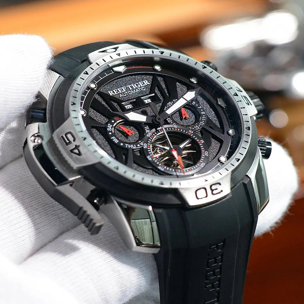 reef tiger Men's Mechanical Watch, Fully automatic multi-functional dual calendar Business men's watch, Men's clock RGA3532