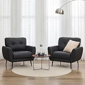 TYBOATLE Accent Chairs Set of 2, Comfy Modern Living Room Chair Black Leather Reading Accent Chairs Tufted Mid Century Arm Chair