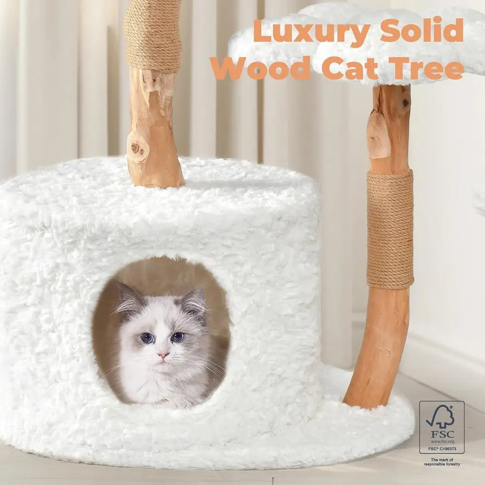 Luxury Wooden Cat Tower with Scratching Posts and Flower Platforms for Large Cats, Rabbit Hair White