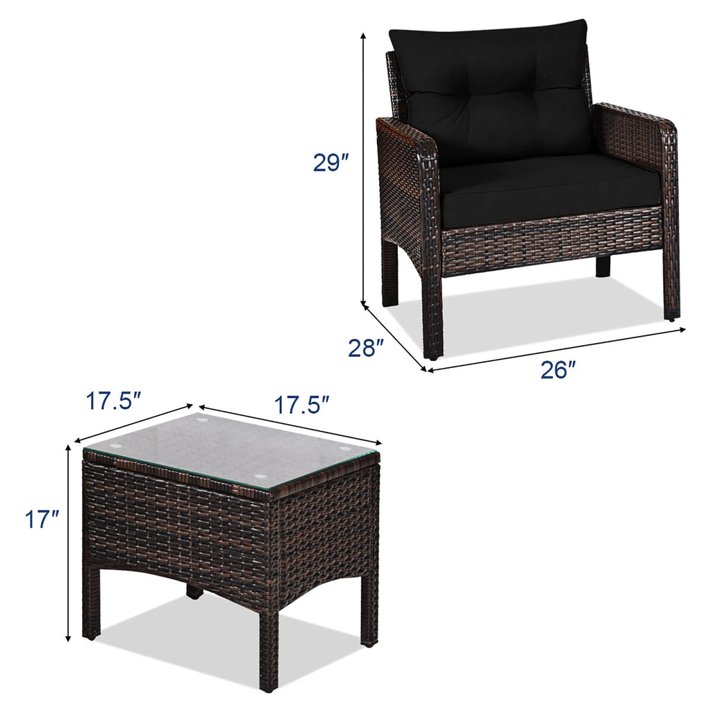 3PCS Outdoor Rattan Conversation Set Patio Garden Cushioned Sofa Chair Black