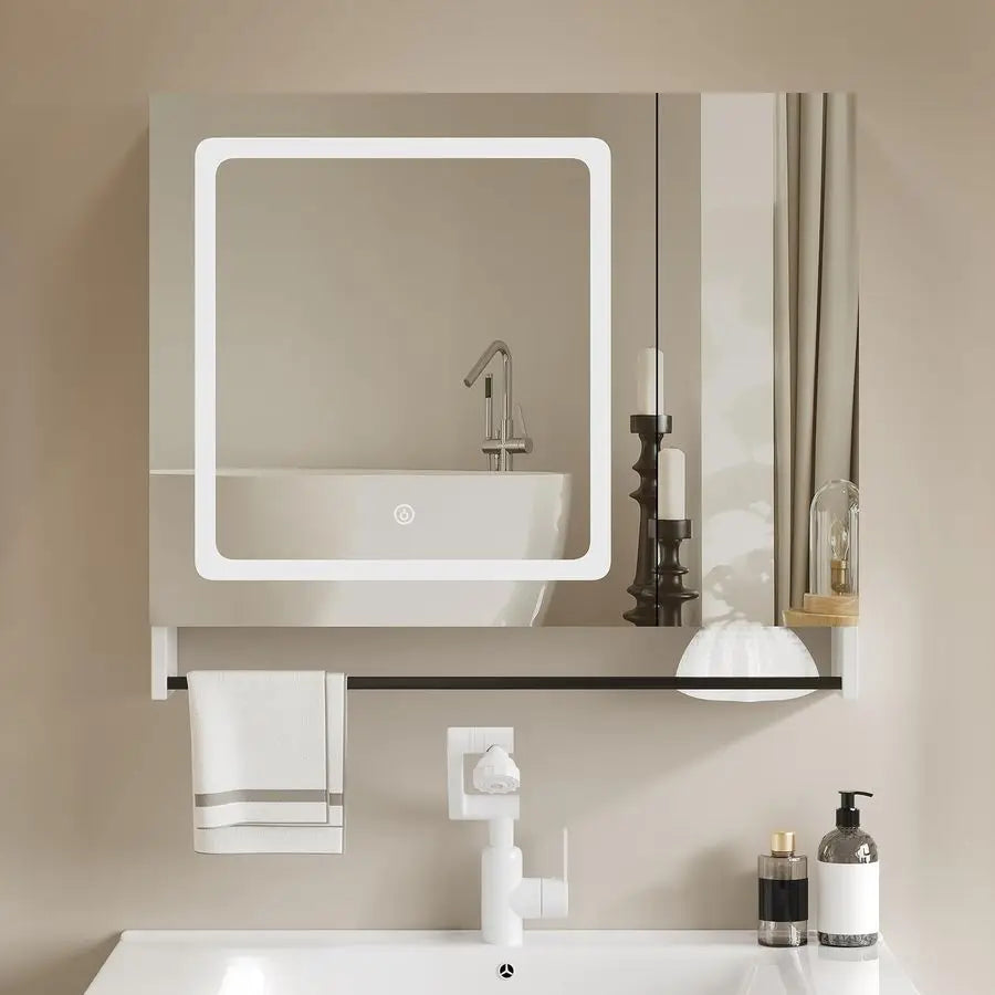 Bathroom Medicine Cabinet with Mirror, Modern Mirror Cabinet with LED Lights, Bathroom Wall Cabinet with Adjustable Shleves, Tow