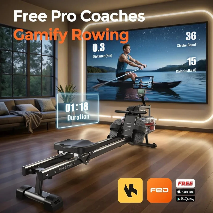 Magnetic Water Rowing Machine for Home Fitness Training with Bluetooth App Connectivity Ideal for Tall Power Athletes Featuring