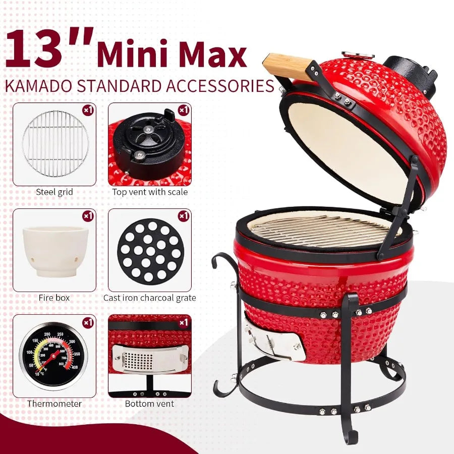 13 Round Kamado Charcoal Grill Portable Ceramic Barbecue Grill with Built-in Thermometer for Versatile Cooking Methods Includin
