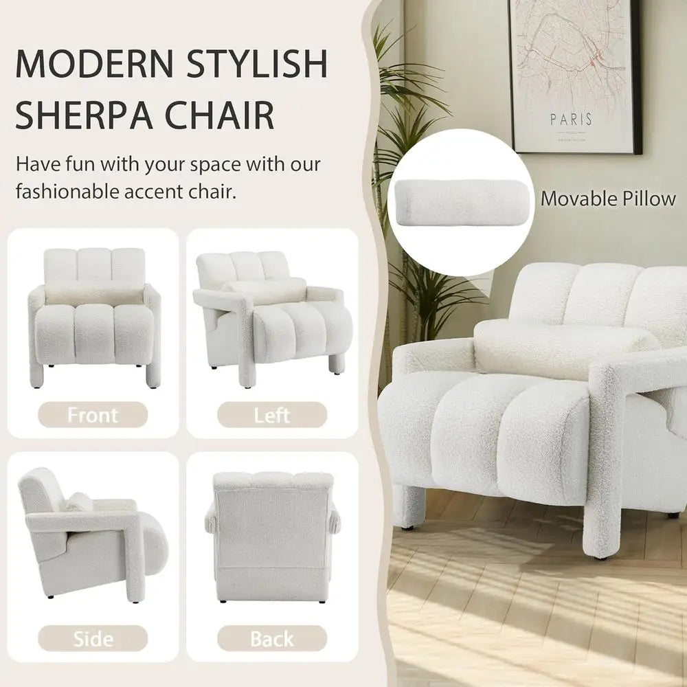 Accent Chair, Modern Upholstered Sherpa Accent Chair, Comfy Teddy Single Armchair with Pillow for Living Room, Bedroom (Beige, B