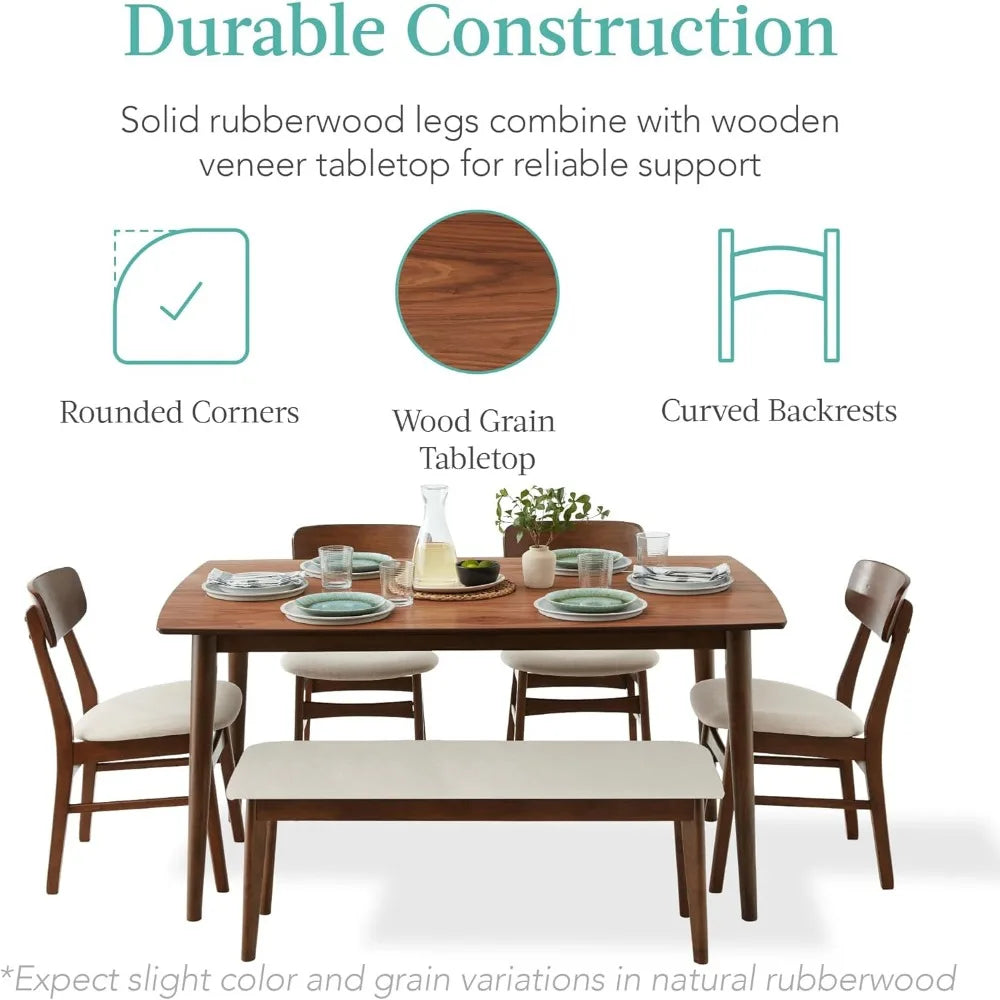 Mid-Century Modern 6-Piece Dining Set with Walnut Table and Cream Upholstered Chairs Including Bench