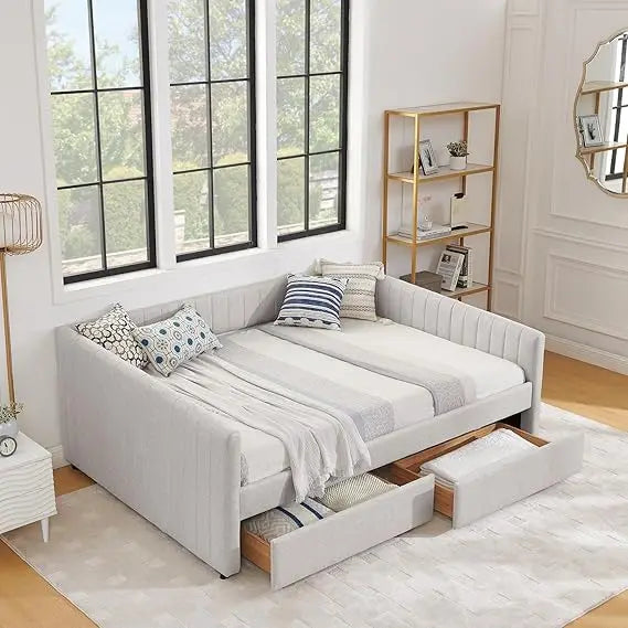 SLEERWAY Daybed with Two Drawers, Modern Linen Queen Size Day Bed Frame with Storage, Upholstered Sofa Bed with Stripes, Furnitu