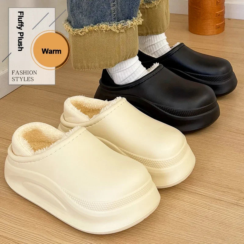 Unisex Closed Toe Warm Plush EVA Slippers Winter 2025 Thick Sole Waterproof Indoor and Outdoor Clogs Shoes Woman Fluffy Slippers