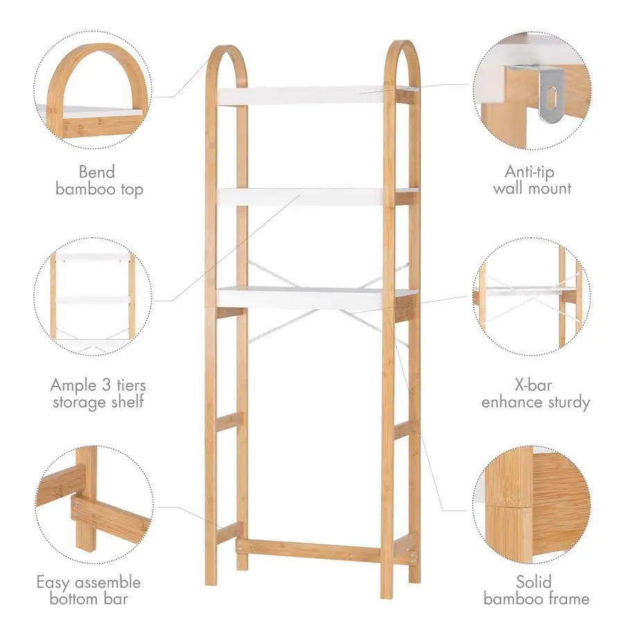 Over The Toilet Storage Shelf, 3Tier Over Toilet Bathroom Organizer, SpaceSaving Above Toilet Storage Shelf Rack with Bamboo Fra