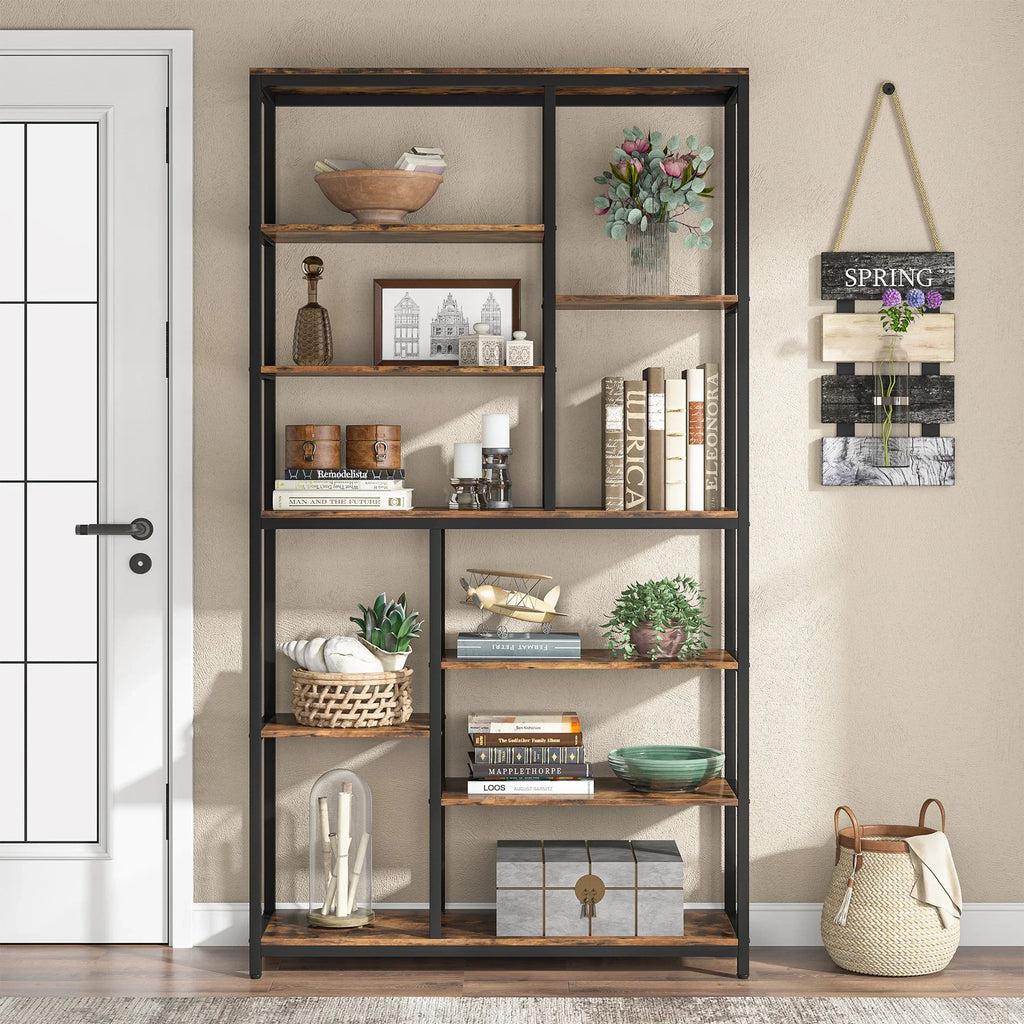 Tribesigns Modern 8-Tier Staggered Bookcase -, Wide Wood Etagere Shelving Unit