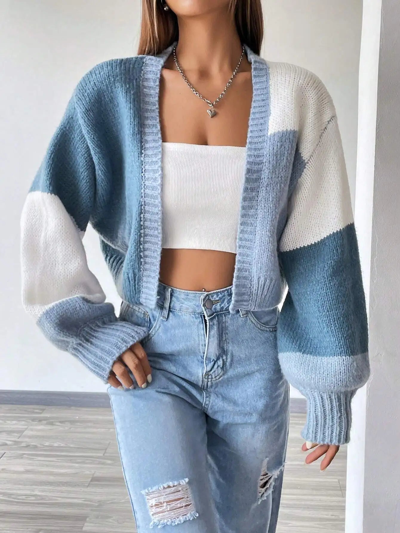 Color Block Drop Shoulder Knit Cardigan for Women, Long Sleeve Fall Winter Casual Top