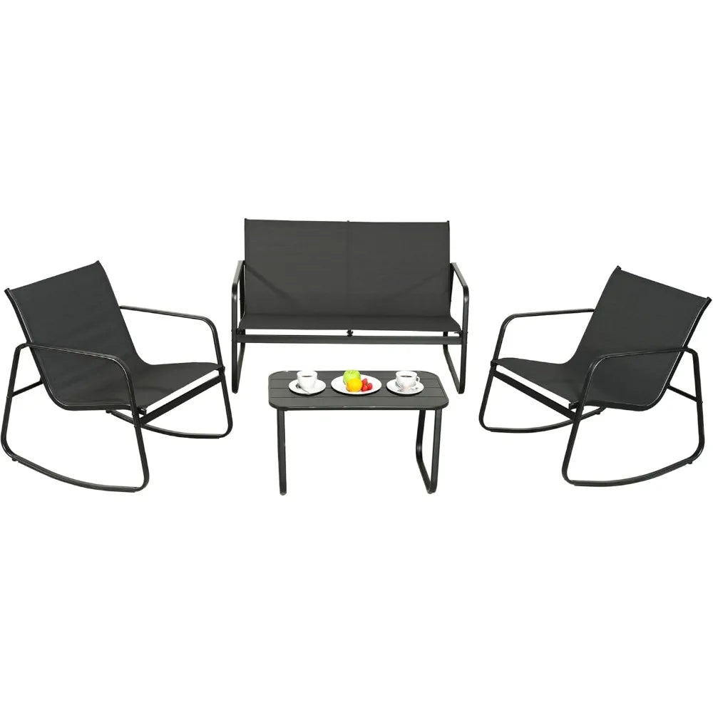 4 Piece Patio Furniture Set, Olefin Loveseat Outdoor Furniture with 2 Rocking Chairs, Patio Conversation Set with Coffee