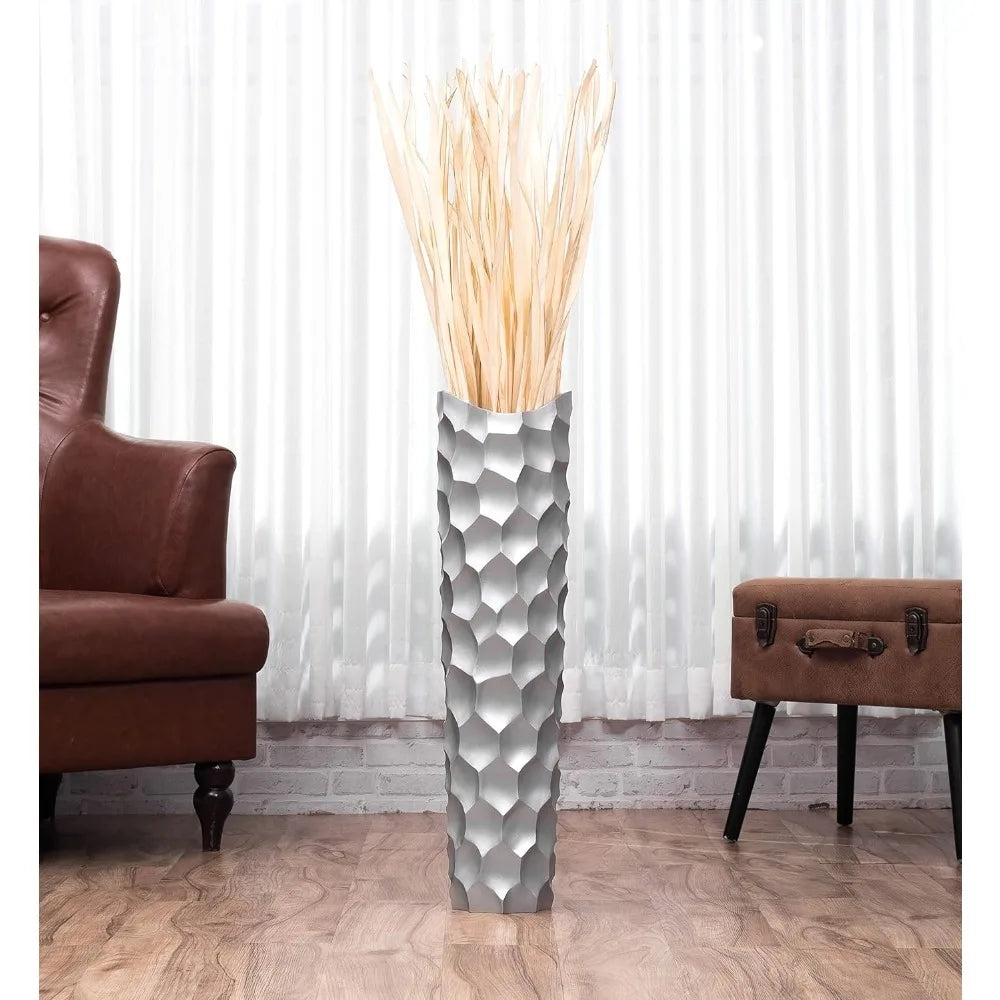 Large Silver Tall Wooden Floor Vase - 26 Inch Farmhouse Style Decorative Holder for Artificial Flowers and Pampas Grass