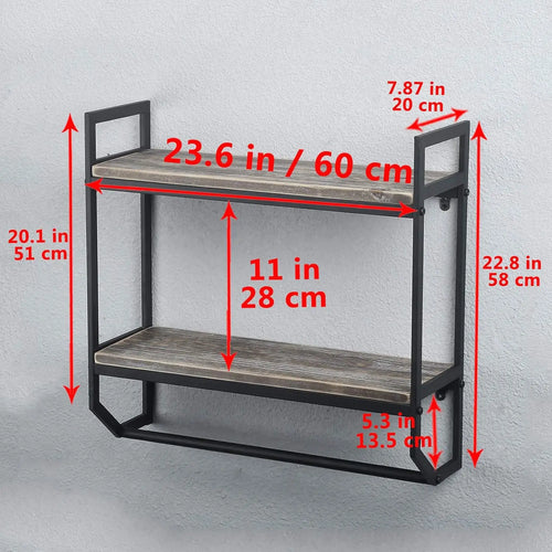 2-Tier Black Towel Rack with Shelves, Wall Mounted Bathroom Storage Over Toilet, Rustic Floating Utility Holder
