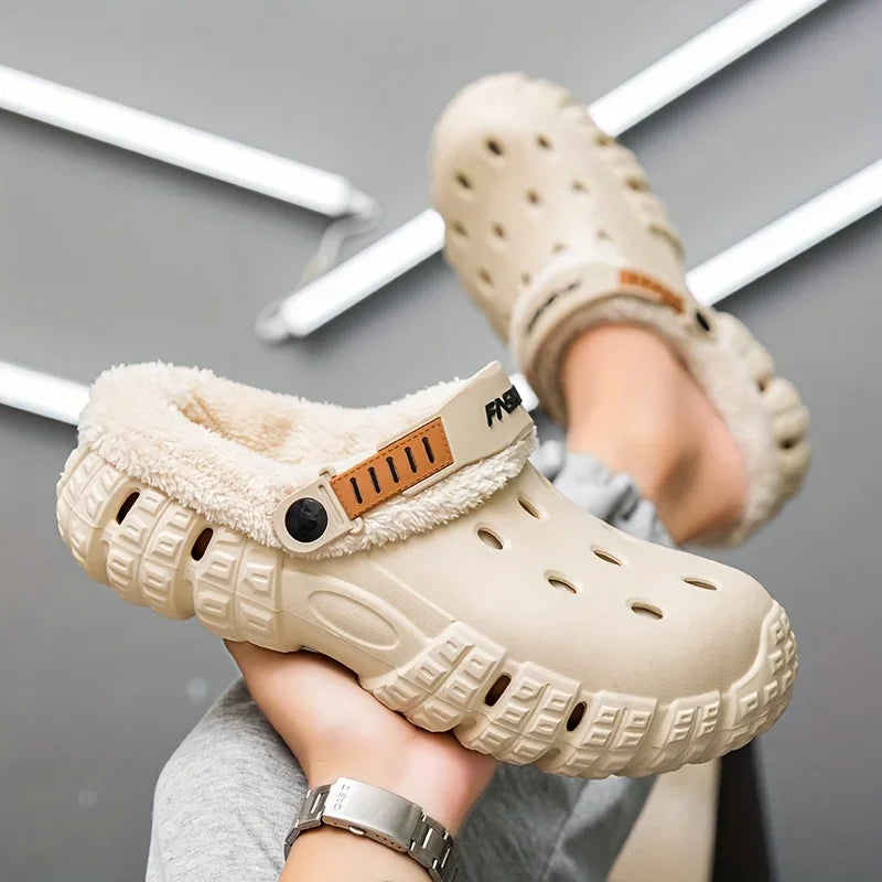 Unisex lined hole shoes, winter removable thick sole slippers with warm lining for outdoor use, thick and warm cold-proof
