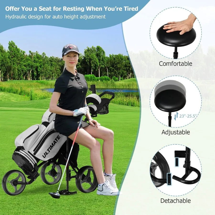Golf Push Pull Cart with Seat Lightweight Foldable Collapsible 3 Wheels Push Cart Golf Trolley with Foot Brake Adjustable Umbre