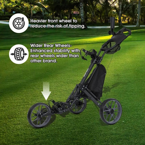 3 Wheel Golf Push Cart : Lightweight Compact Golf Walking Cart with Cooler Flat Fold Golf Trolley with Brake Pull Behind