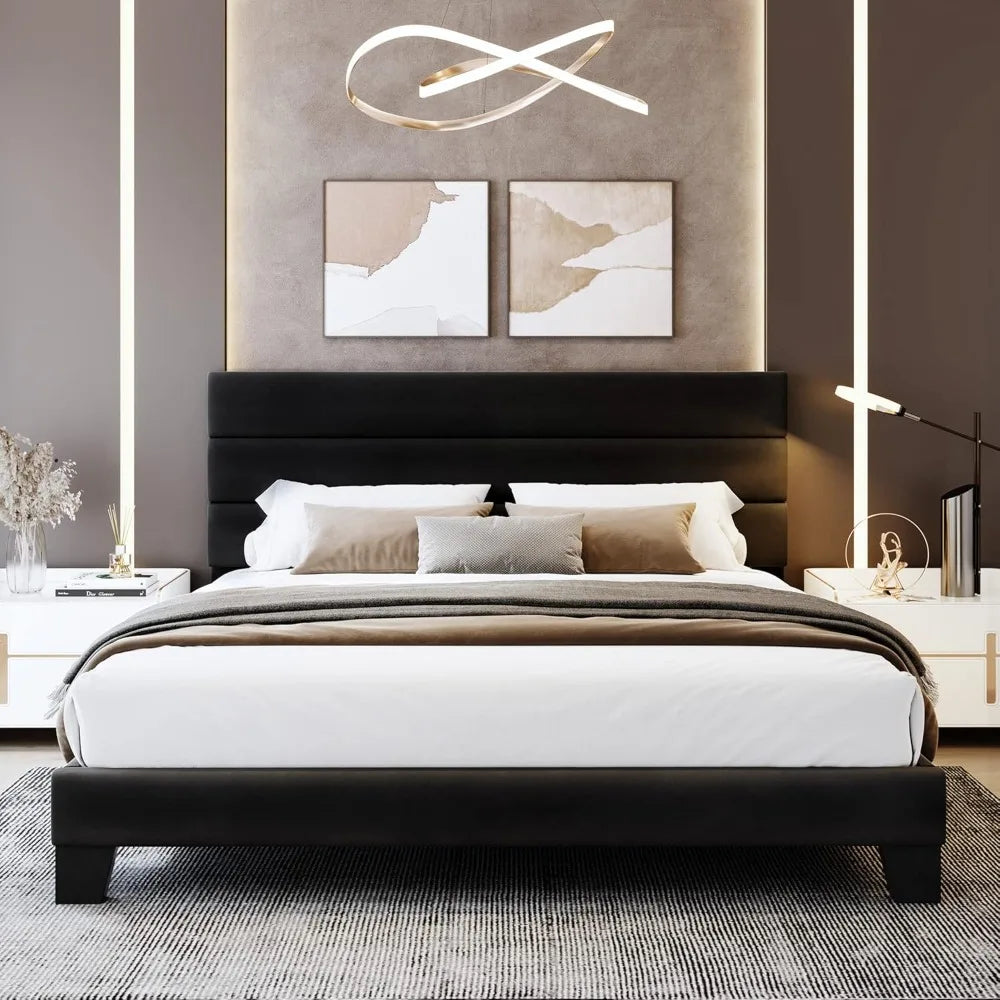 WEEWAY King Bed Frame Platform Bed with Velvet Upholstered Headboard and Wooden Slats Support, Heavy Duty Mattress Foundation, N