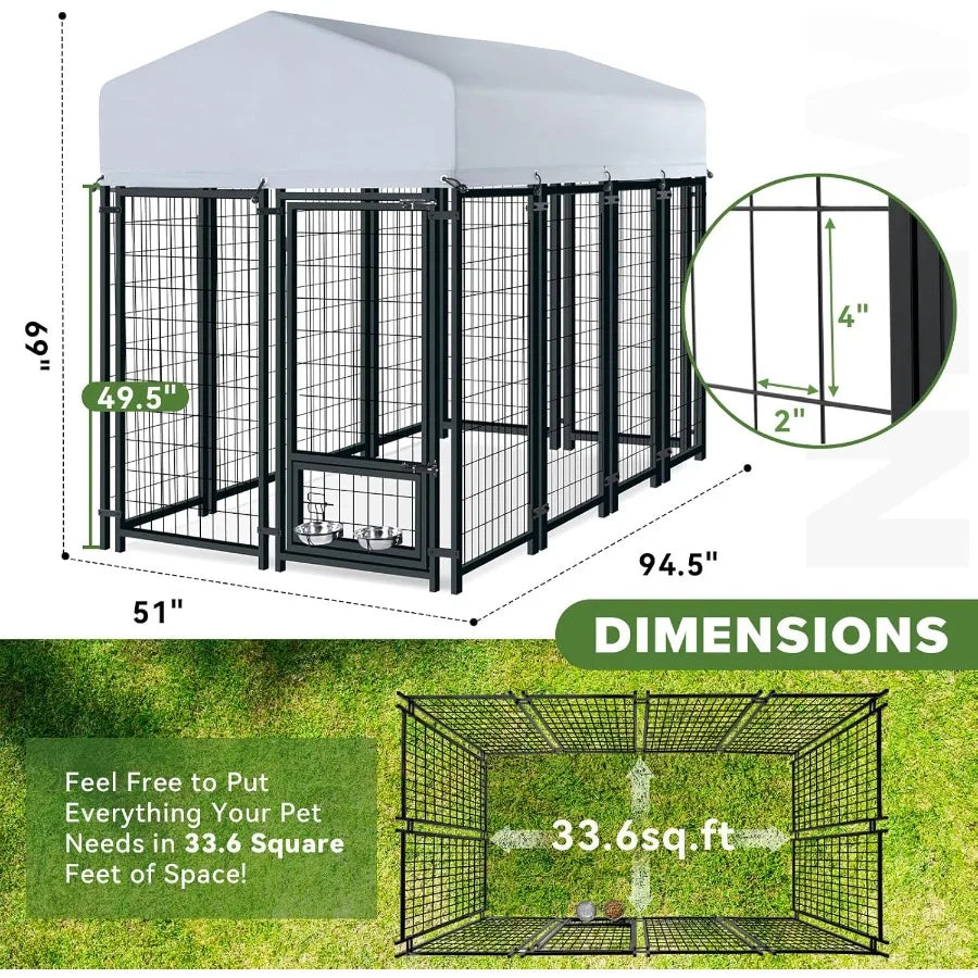 8x4x6FT Outdoor Dog Kennel Heavy Duty Welded Wire Steel Dog Pen with Waterproof Roof Cover and 2 Rotating Dog Bowls in Black fo