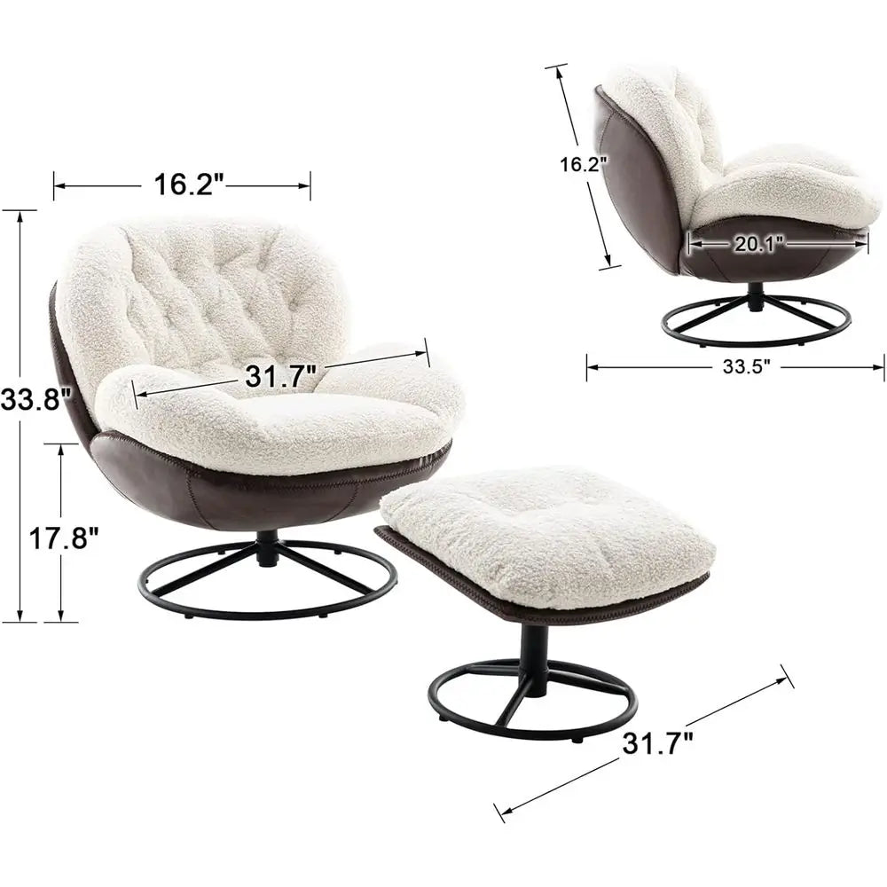 Luxury Swivel Faux Fur Accent Chair with Ottoman, Plush Tufted Lounge Chair on Metal Base for Home Reading, White