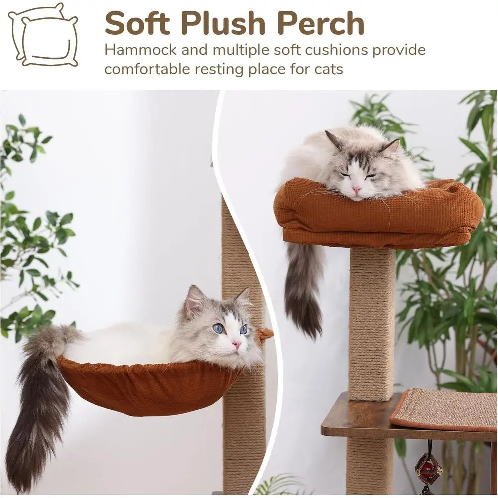 Large 4-in-1 Modern Cat Tower with Jute Scratching, Hammock, and Silvervine Balls, Brown Indoor Cat Climber Stand Playhouse, Ret