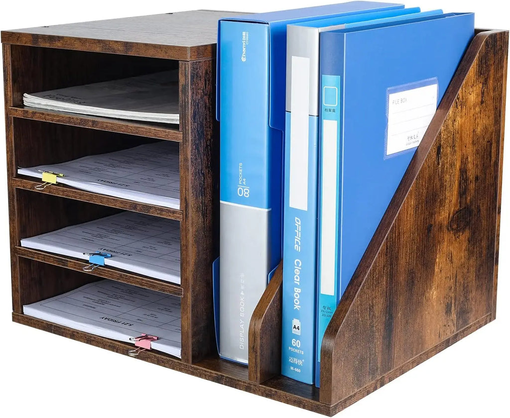 Wooden Desktop File Holder Organizer with Adjustable Compartments for Office Supplies, Brown