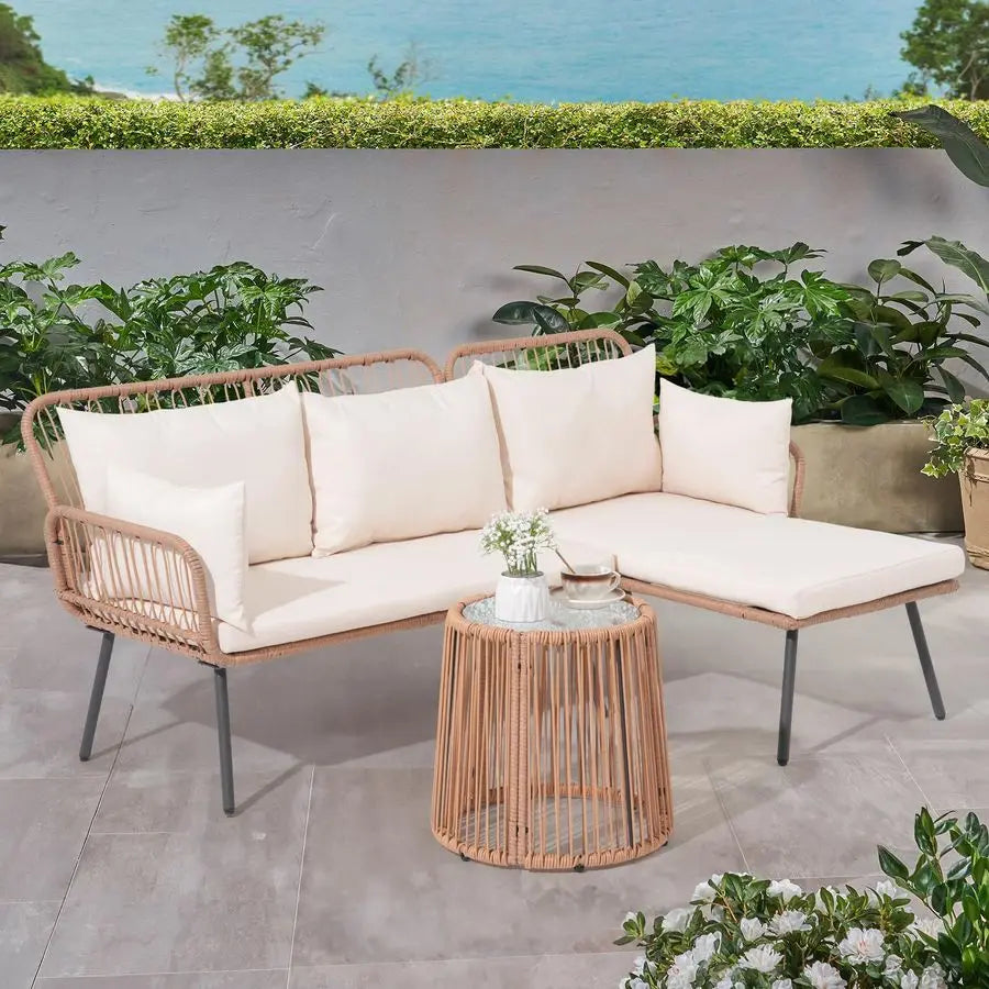 Outdoor Patio Furniture Set, 3 Piece Wicker Rattan Outdoor Balcony Furniture Set, LShaped Patio Conversation Sofa Set with Cush