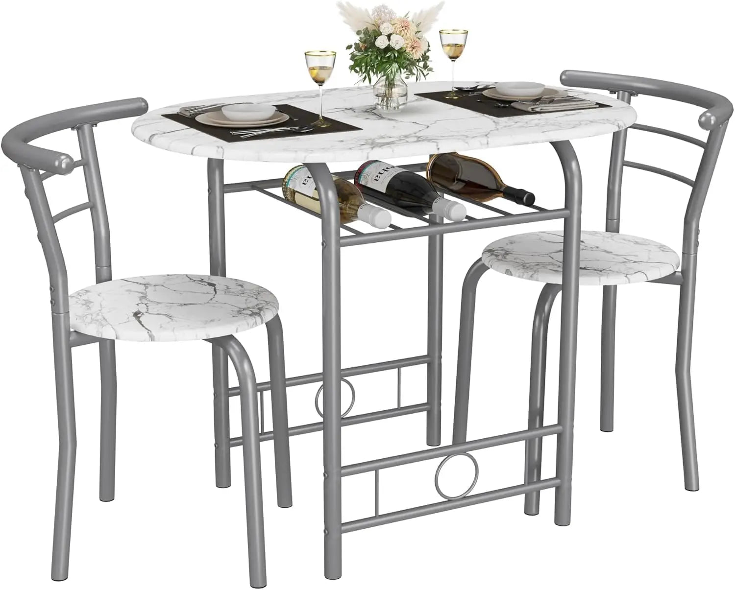 Wooden Round Table & Chair Set, Space Saving Kitchen Breakfast Nook Wood Grain Tabletop with Metal Frame