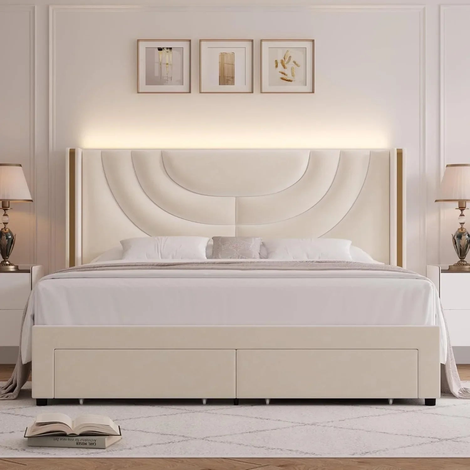 King size bed with 2 storage drawers, cushioned LED bed frame, wing back headboard, headboard splicing design, beige color