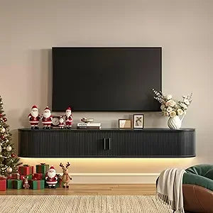 75-Inch TV Floating Stand with Built-In Power Outlet, LED Light Remote Control Fluted Entertainment Center, Mid-Century Modern S