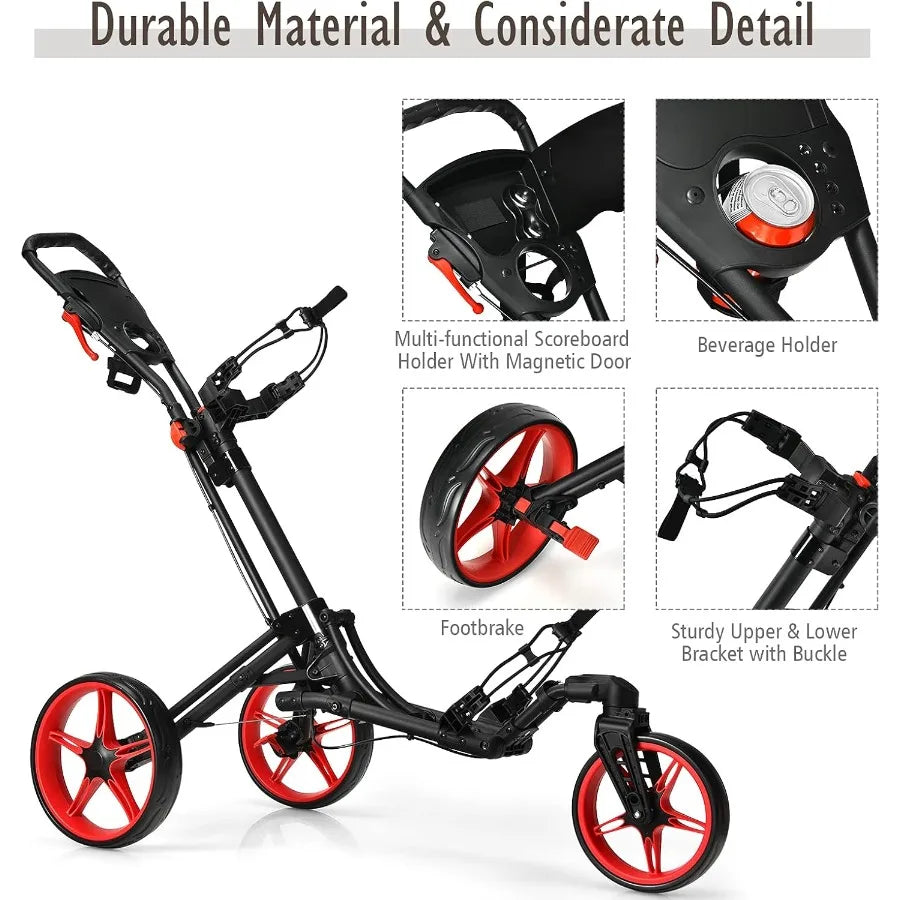 Golf Push Cart with 360 Rotating Front Wheel Aluminum Collapsible 3 Wheels Golf Pull Cart Golf Trolley w/Elastic Strap Scoreboa
