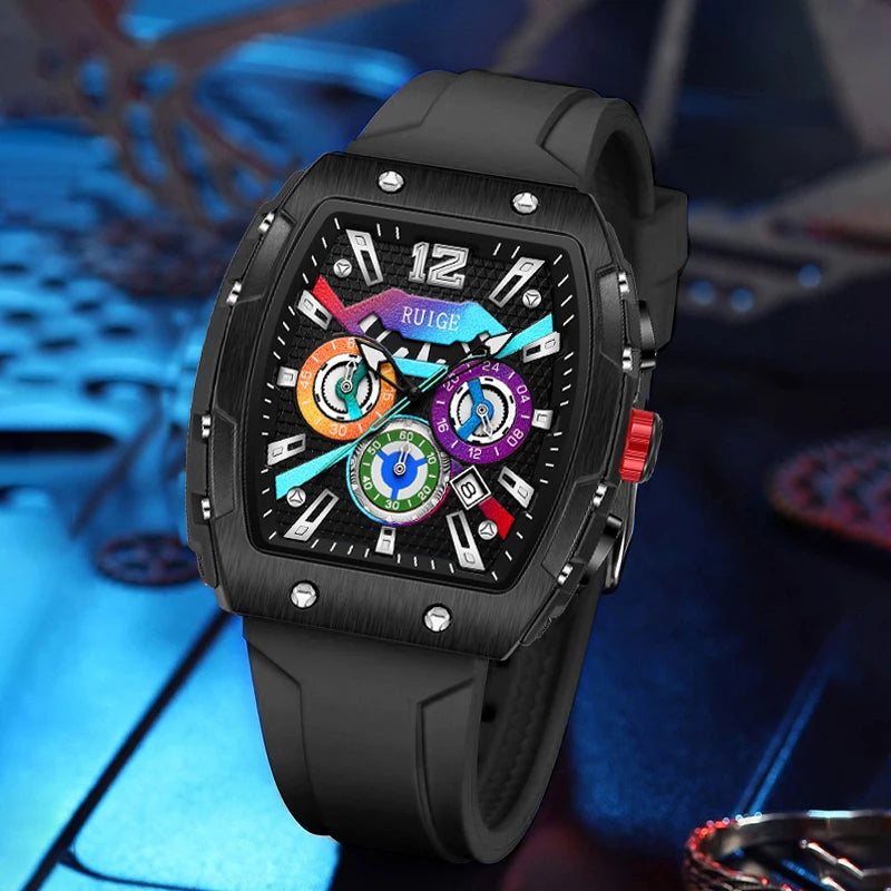 RUIGE Night light three-eyed six-needle silicone strap quartz watch fashion trend leisure gift men's wristwatch