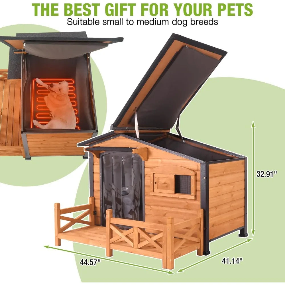 GUTINNEEN Heated Dog House Outdoor Dog Kennel with Safe Heated Pad, Chew-Proof Metal Frame and Rotating Food Bowl for Small to M