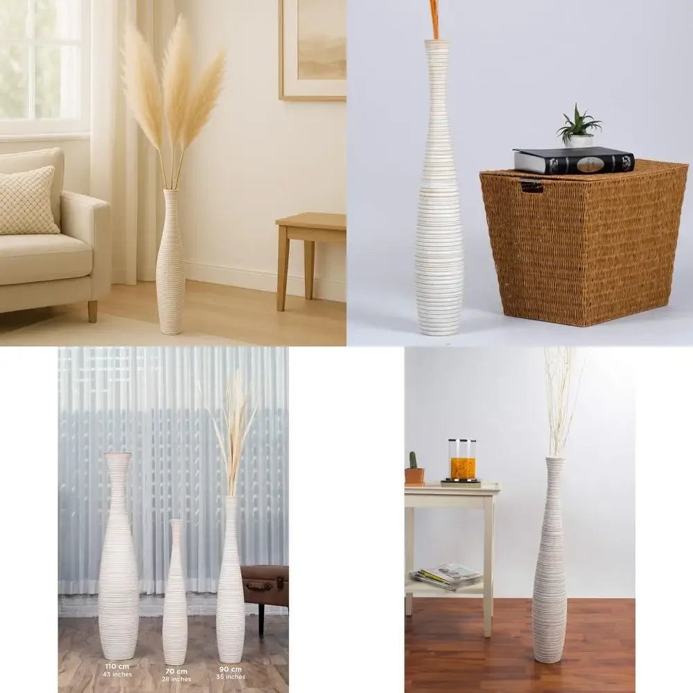 Large White Wooden Floor Vase - 26 Inch Tall Home Decor for Fake Plants and Pampas Grass Arrangements