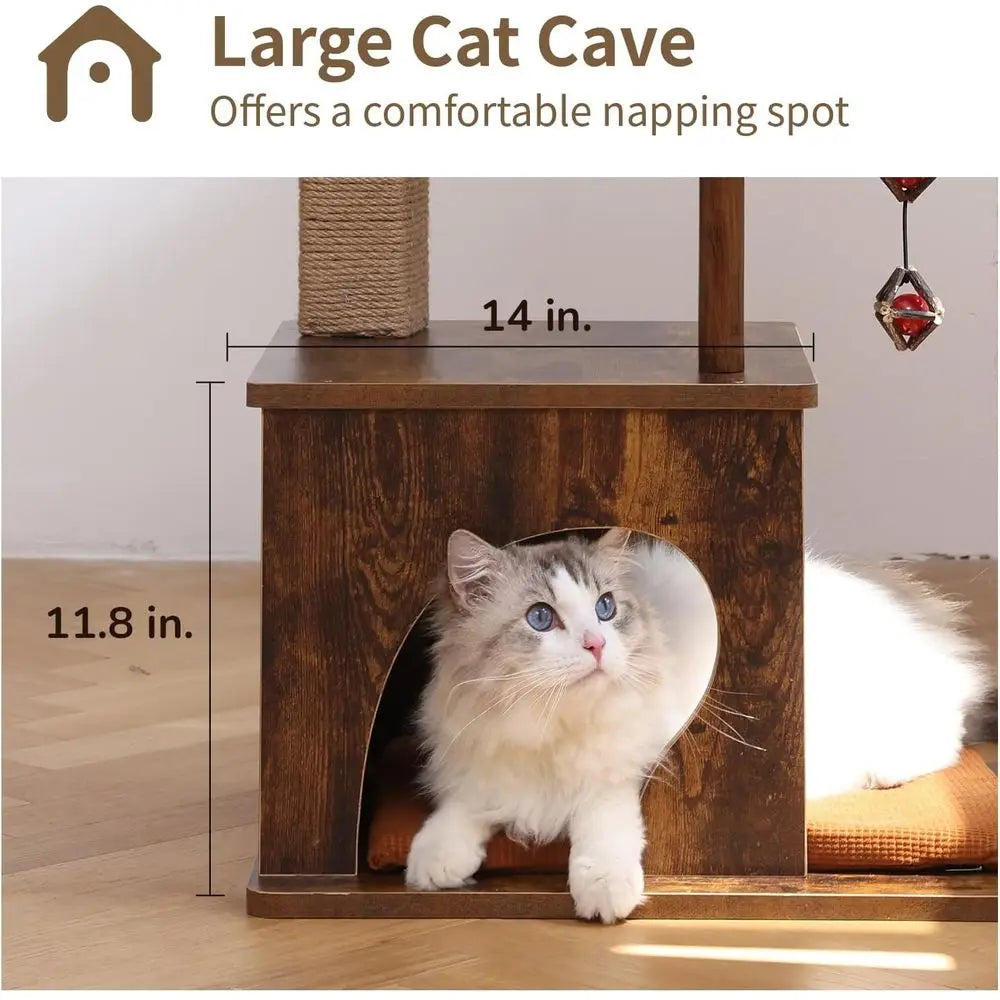 Large 4-in-1 Modern Cat Tower with Jute Scratching, Hammock, and Silvervine Balls, Brown Indoor Cat Climber Stand Playhouse, Ret
