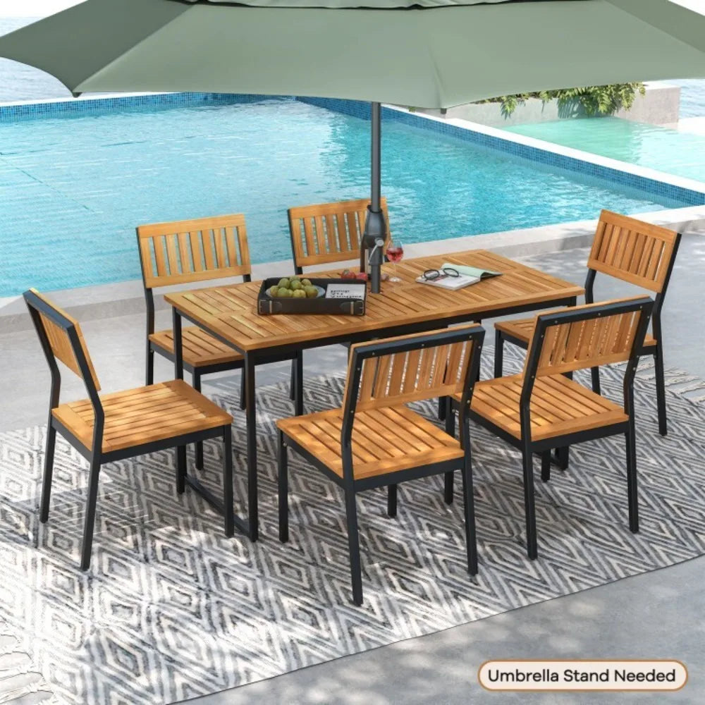 Set of 2 Outdoor Chairs Metal Patio Dining Armchair Furniture Acacia Wood Seat