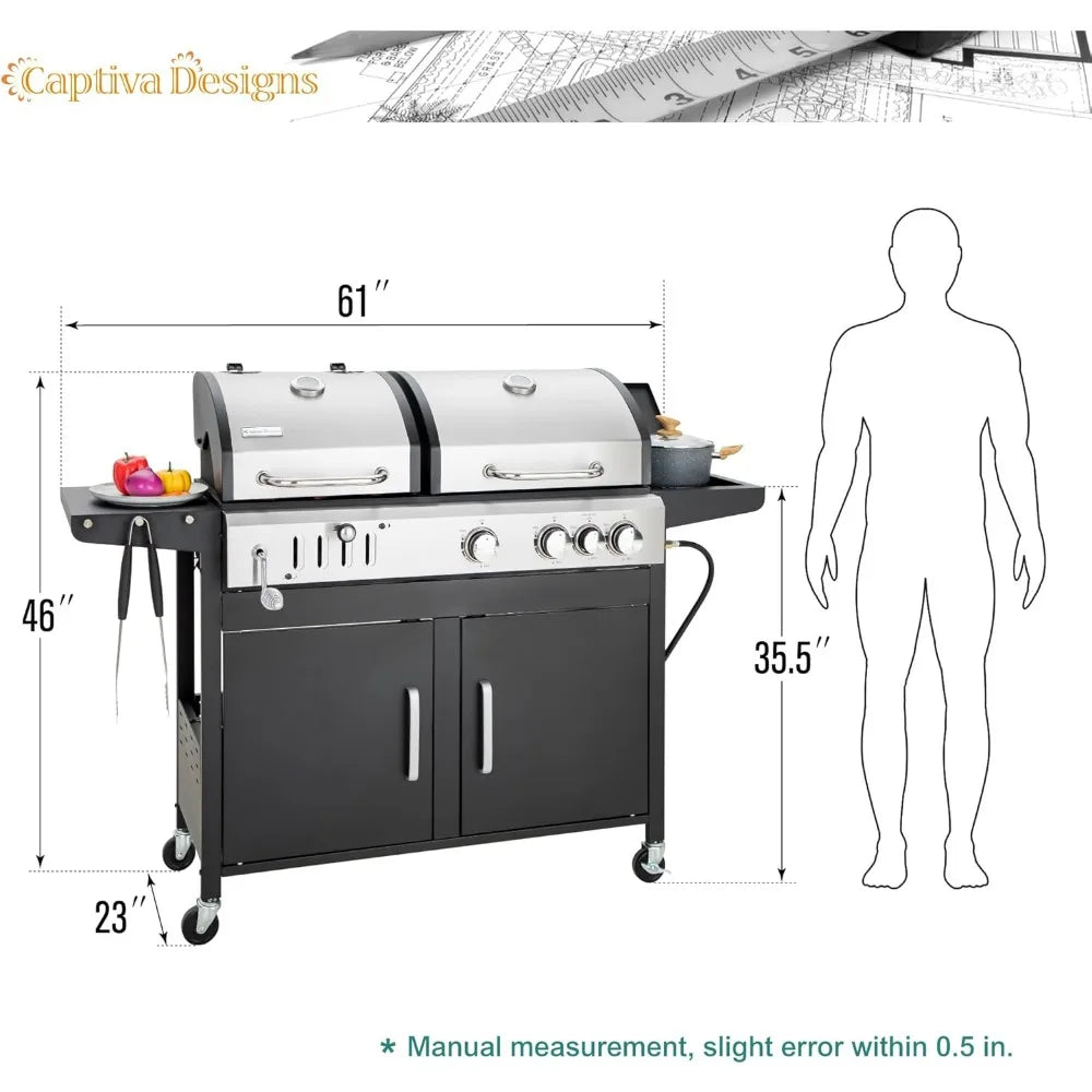 Propane Gas Grill and Charcoal Grill Combo with Side Burner & Porcelain-Enameled Cast Iron Grate, Dual Fuel BBQ