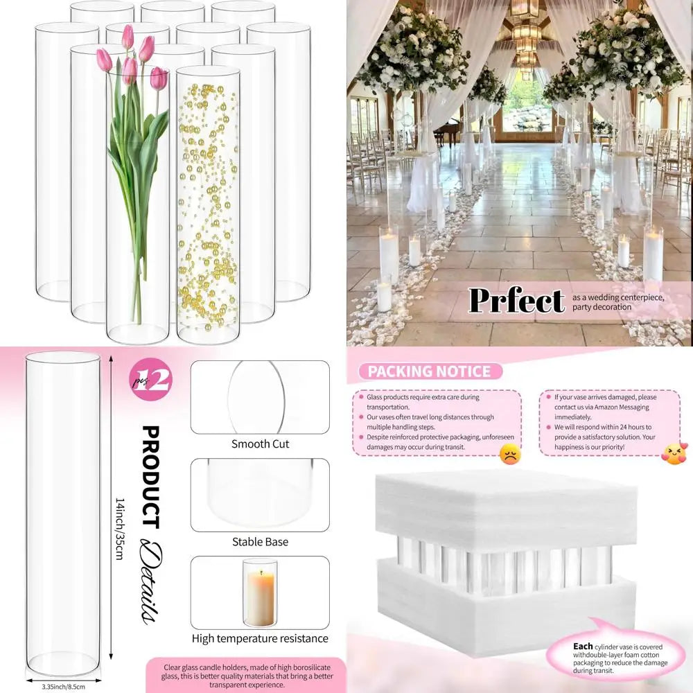 14 Inch Tall Glass Cylinder Vases for Wedding Centerpieces, Flower Arrangements, and Floating Candle Holders